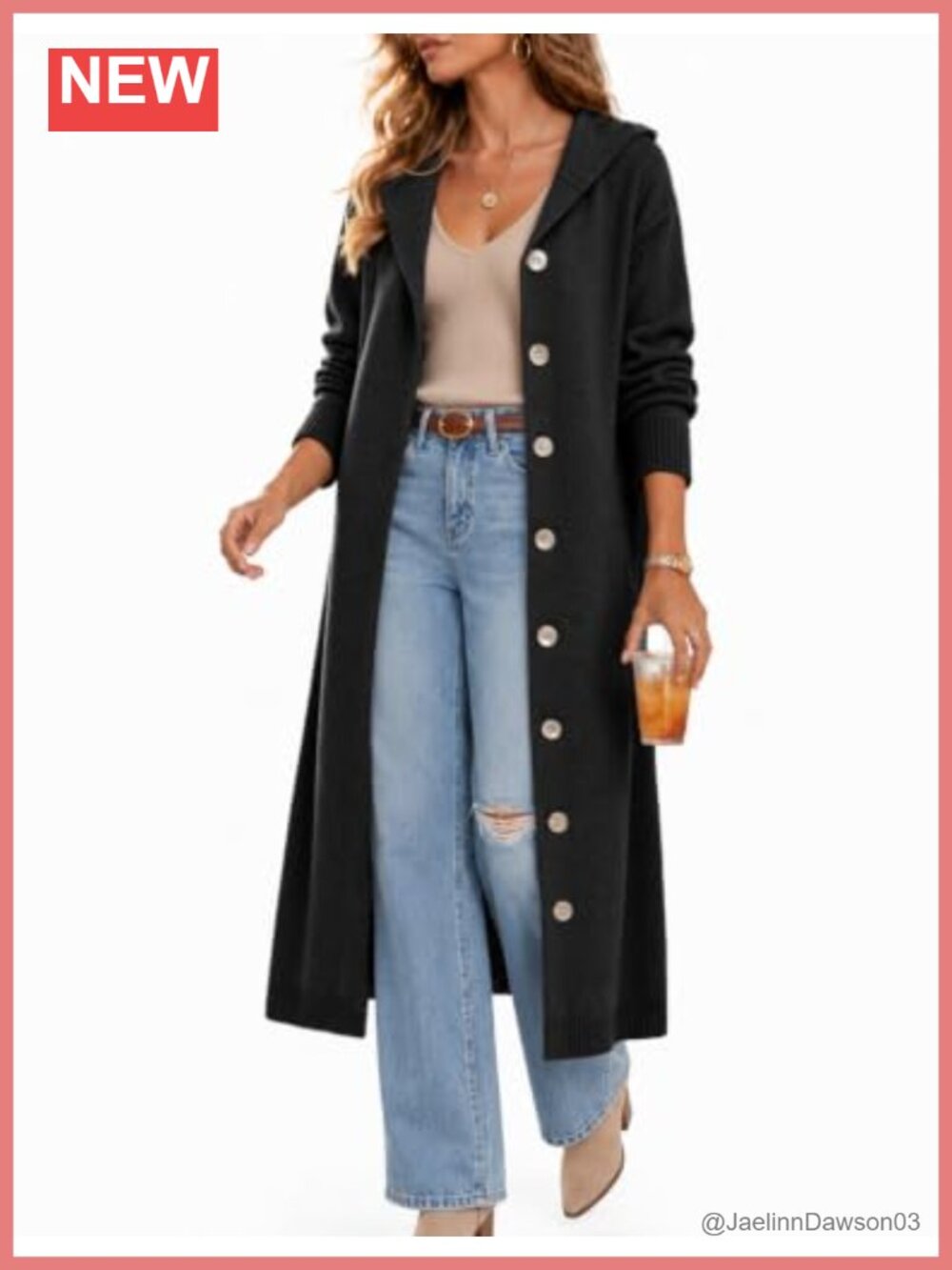 Long Hooded Button Front Cardigan Sweater Midi A-Line Lightweight Knit